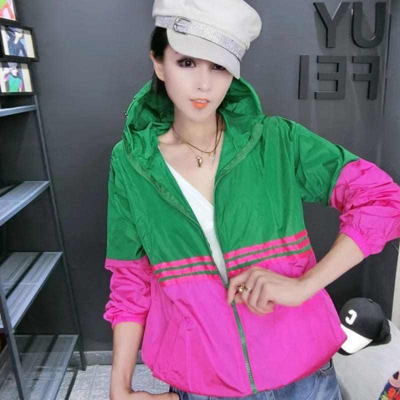 Oversized Patchwork Hip Hop Long Sleeve Hooded Jacket Women Sweatshirt Zipper Thin Korean Fashion Streetwear Summer Autumn Coat