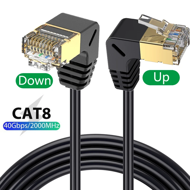 Cat8 kabel Ethernet SFTP 40Gbps 2000MHz Cat 8 RJ45 sieć Lan 90 stopni w górę w dół lewego prawego kąt do internetu RJ45 Superfine Cable