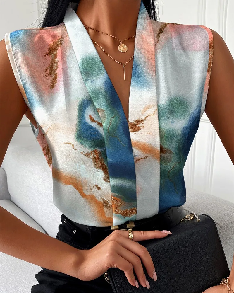 Print Blouses Women V Neck Sleeveless Shirts Spliced Loose Fit Blouses Casual Slight Strech 2025 Summer Patchwork Basics - Image 3