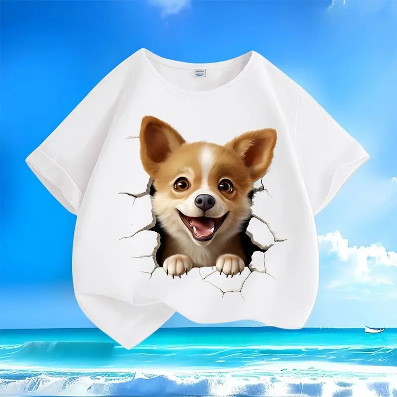 

New Cute Puppy Cartoon Short-sleeved T-shirt Round Neck Loose Cotton Tops Men Women Summer Y2K Adult Children Tops