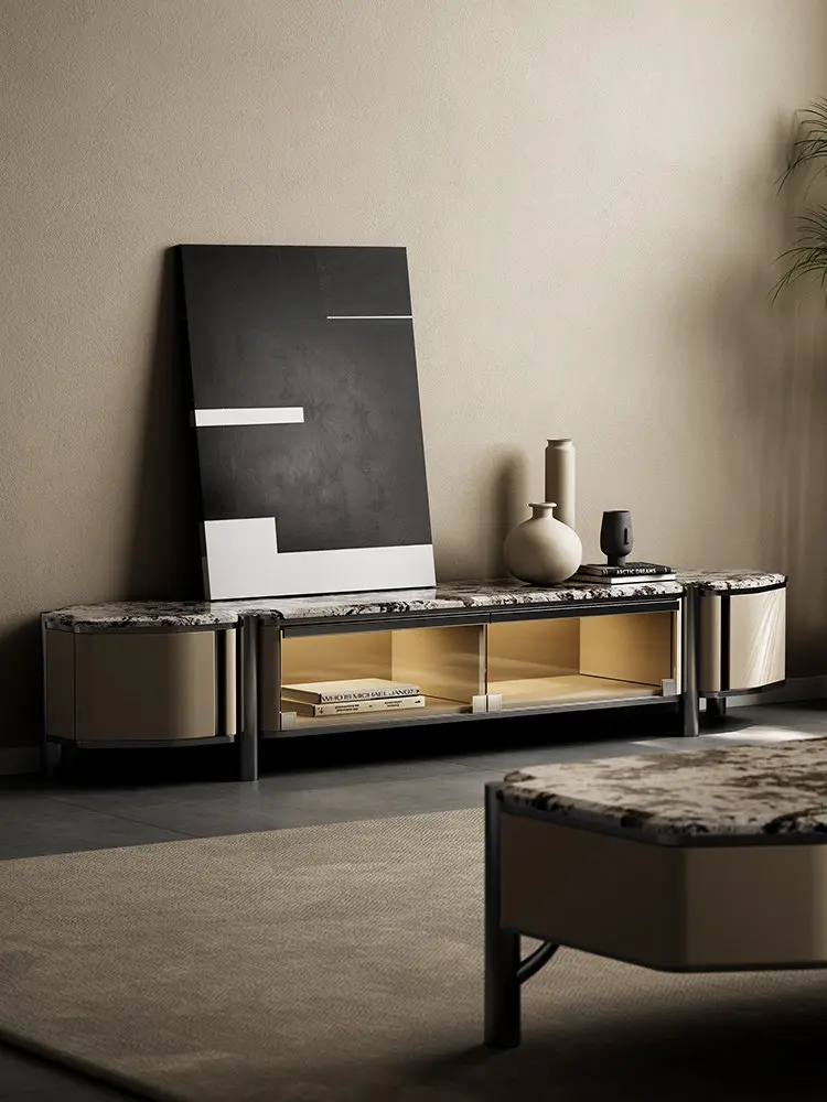 Natural Luxury Stone Coffee Table, TV Cabinet Combination Designer Model, Large Flat-floor Household Floor Cabinet TV Cabinet