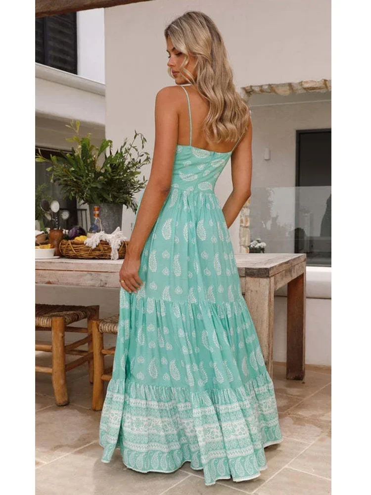 Vestido de verão com alça espaguete, vestido feminino estampado boho praia maxi vestido 2024 paisley estampado linha a