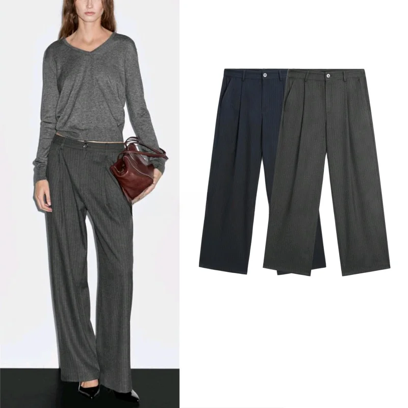 بنطلون واسع الساق مخطط للنساء بأسلوب عملي أنيق، تصميم جديد للخريف، بنطلون رسمي أنيق من ألياف البوليستر #3