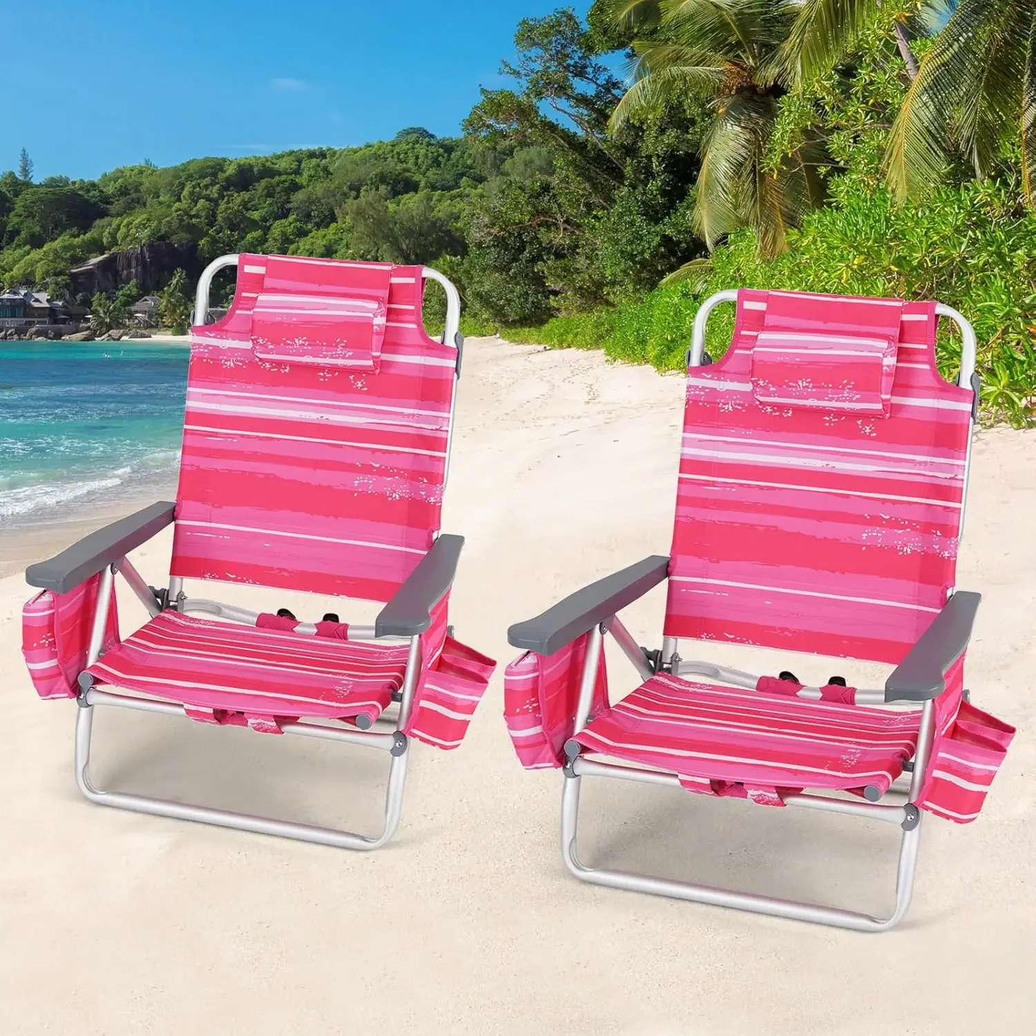 Folding Beach Chair with 5 Positions, Headrest, Cooler Pocket, Towel Hook, Cup Holders, Sunbathing Lounge, Compact Design