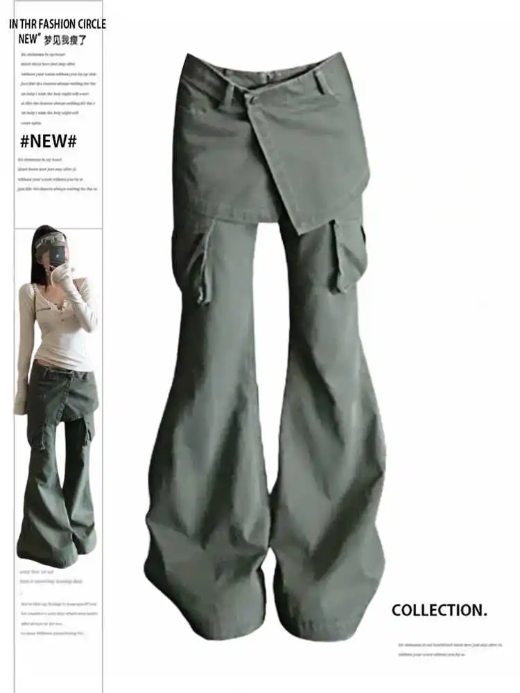 

Women Army Green Baggy Long Flare Pants Vintage Cargo Pants with Wrap Skirt Harajuku Japanese 2000s Y2k Oversize Trouser Clothes