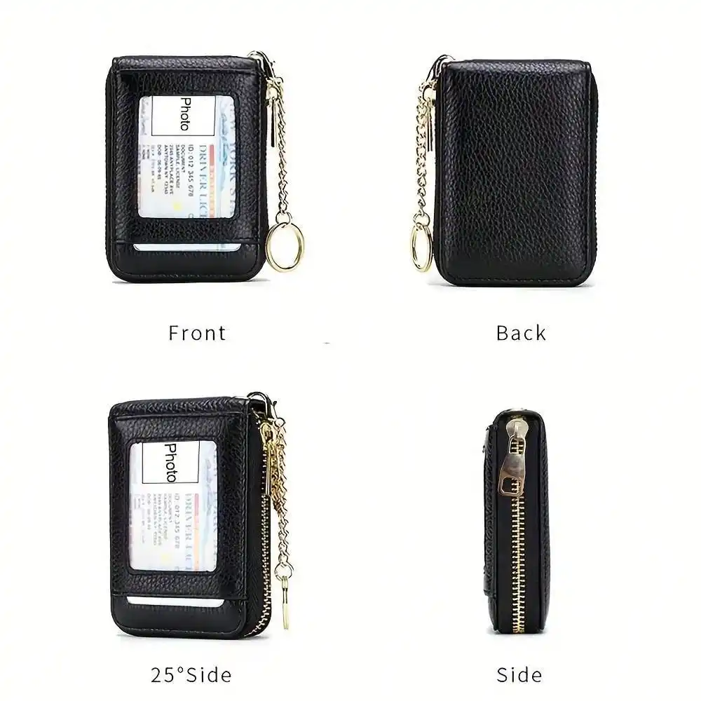 RFID Credit Card Holder, Small Leather Zipper Card Case Wallet with Removable Keychain ID Window