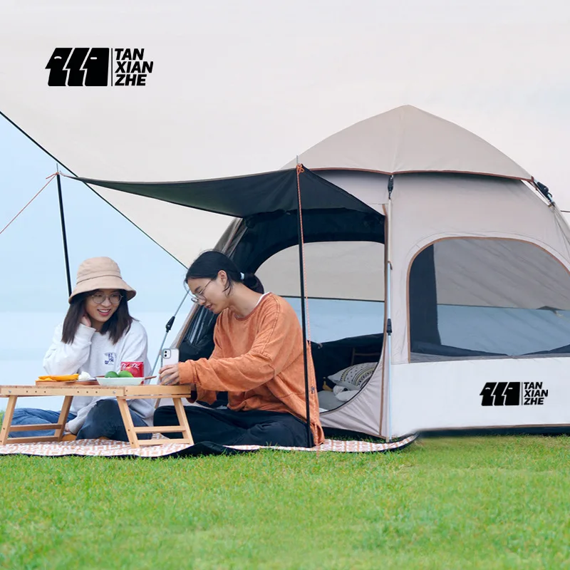 3-4 People Automatic Camping Vinyl Tent Portable Folding Waterproof Sunscreen Outdoor Large Space Family Hexagon Tent for Hiking