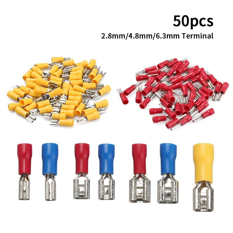 50 sztuk izolowane żeńskie końcówki do zaciskania uszczelka Spade złącze przewodu elektrycznego zestaw do zaciskania zestaw akcesoriów samochodowych 2.8mm 4.8mm 6.3mm — zdjęcie 7