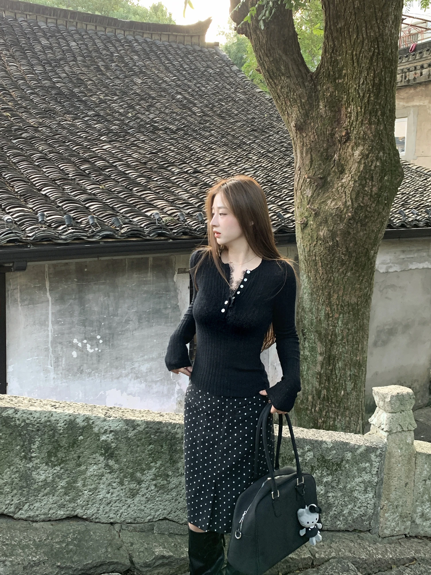 

Bla Lace Trim Base irt Women's Knitted Slim Fit Autumn Winter New Sle Versatile Soft V-ne Long Sve Warm Top