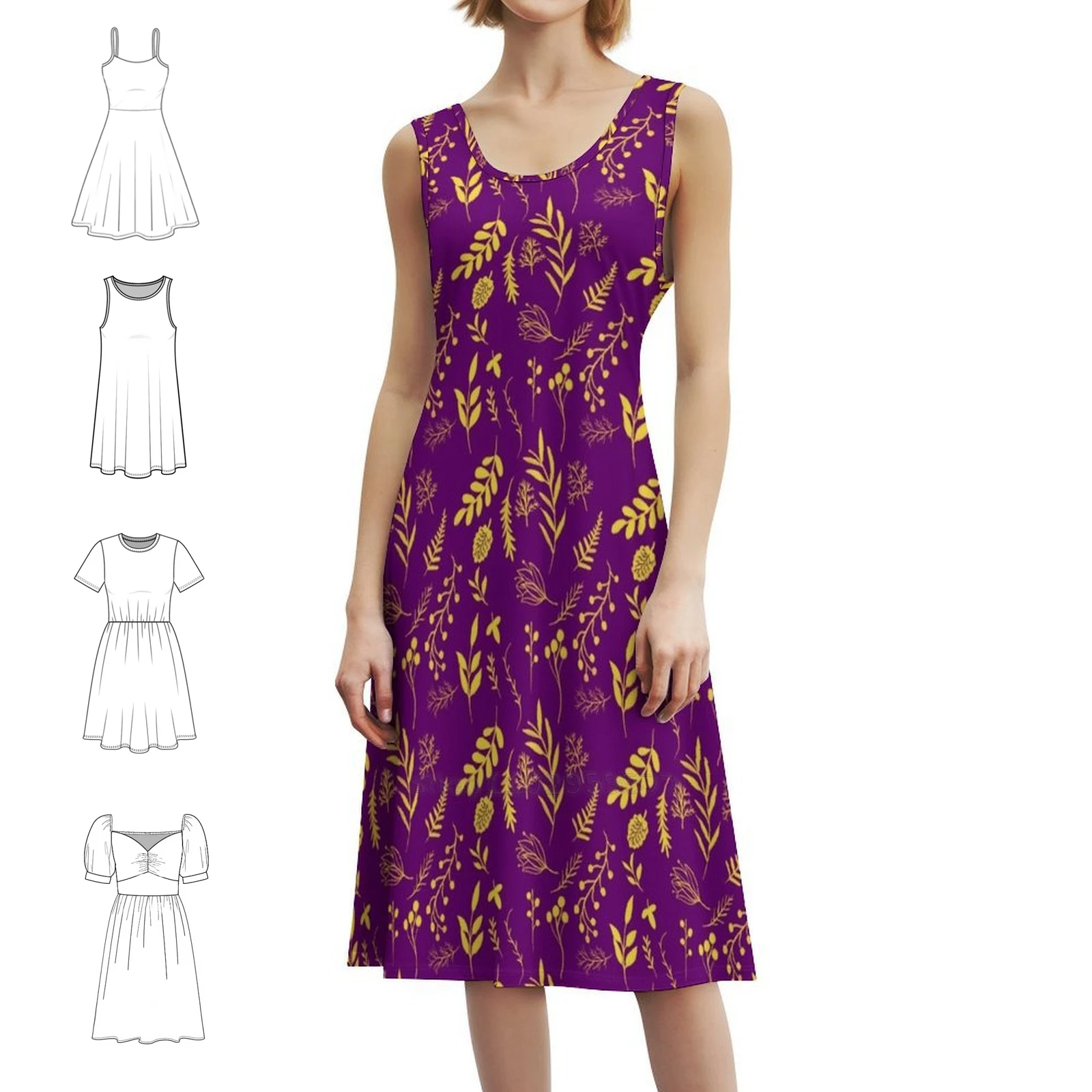 

Purple Floral Pattern Organic Women's Elegant Party Dress A-Line Dress With Short/Long/Sleeveless Options Floral Pattern