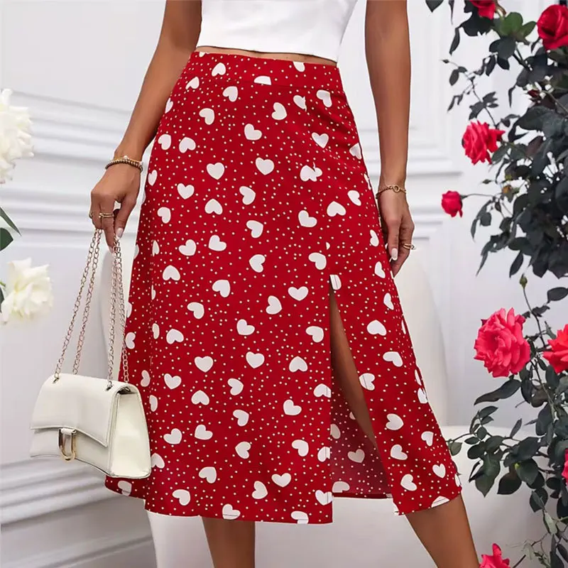 

Women's Skirts 2025 Summer New Print Polka Dot Love Print Slit Bag Hip Skirt Lady High Waist A-Line Swing Skirts Korean Fashion