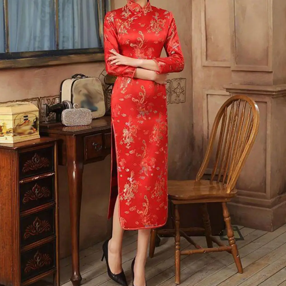 

Slim Fit Cheongsam Elegant Chinese Style Women's Cheongsam Dresses for Weddings Parties with High Slits Long Fork Design Women