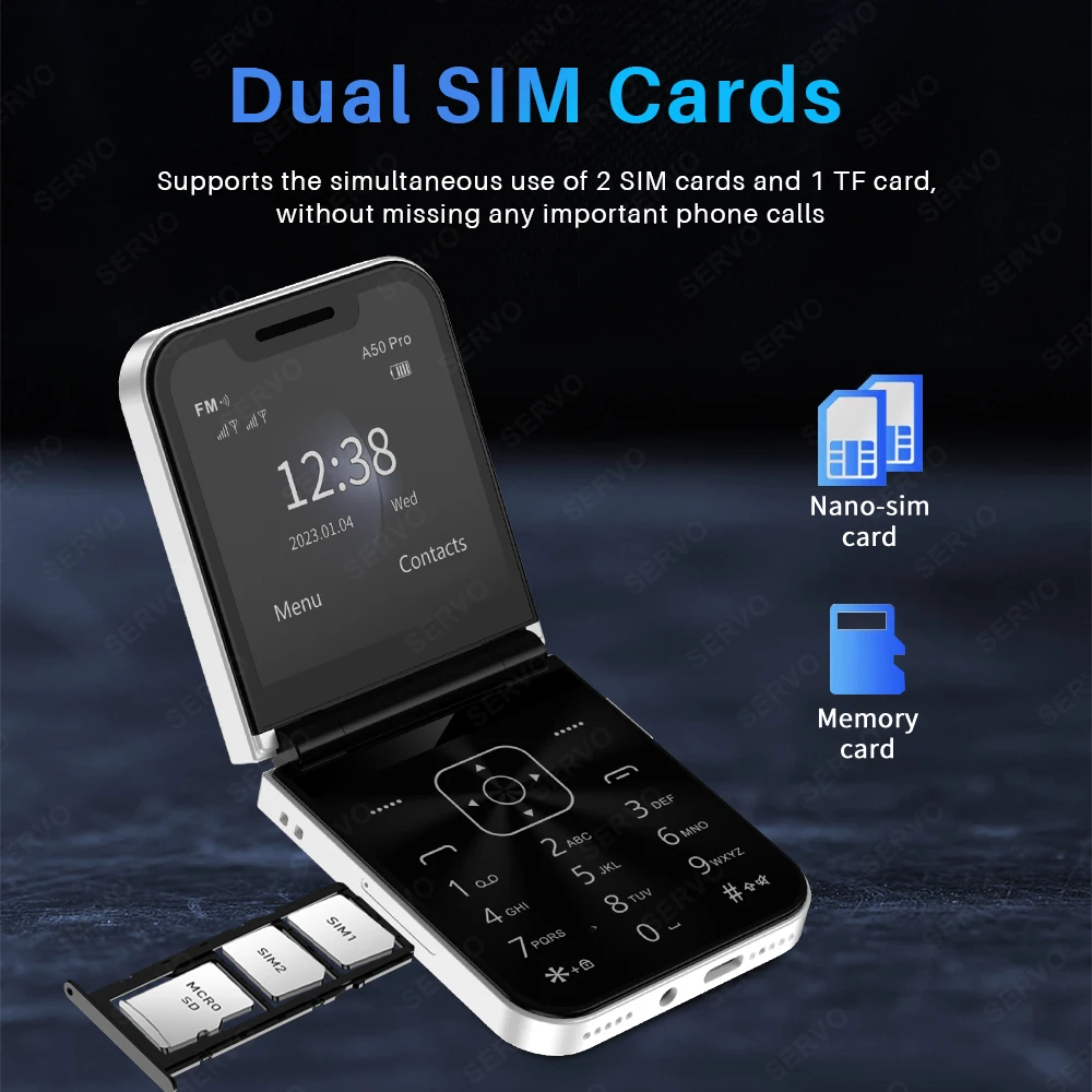 SERVO A50 PRO Flip Mobile Phones Magic Voice Blacklist Dual SIM Call Record Speed Dial Foldable Cellphones 2.4