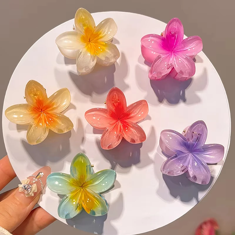 6Pcs Hawaiian Gradient Hair Clips Flower Hair Claws Small Size Fashion Headwear Hairpin Crab Barrette Hair Accessories for Women