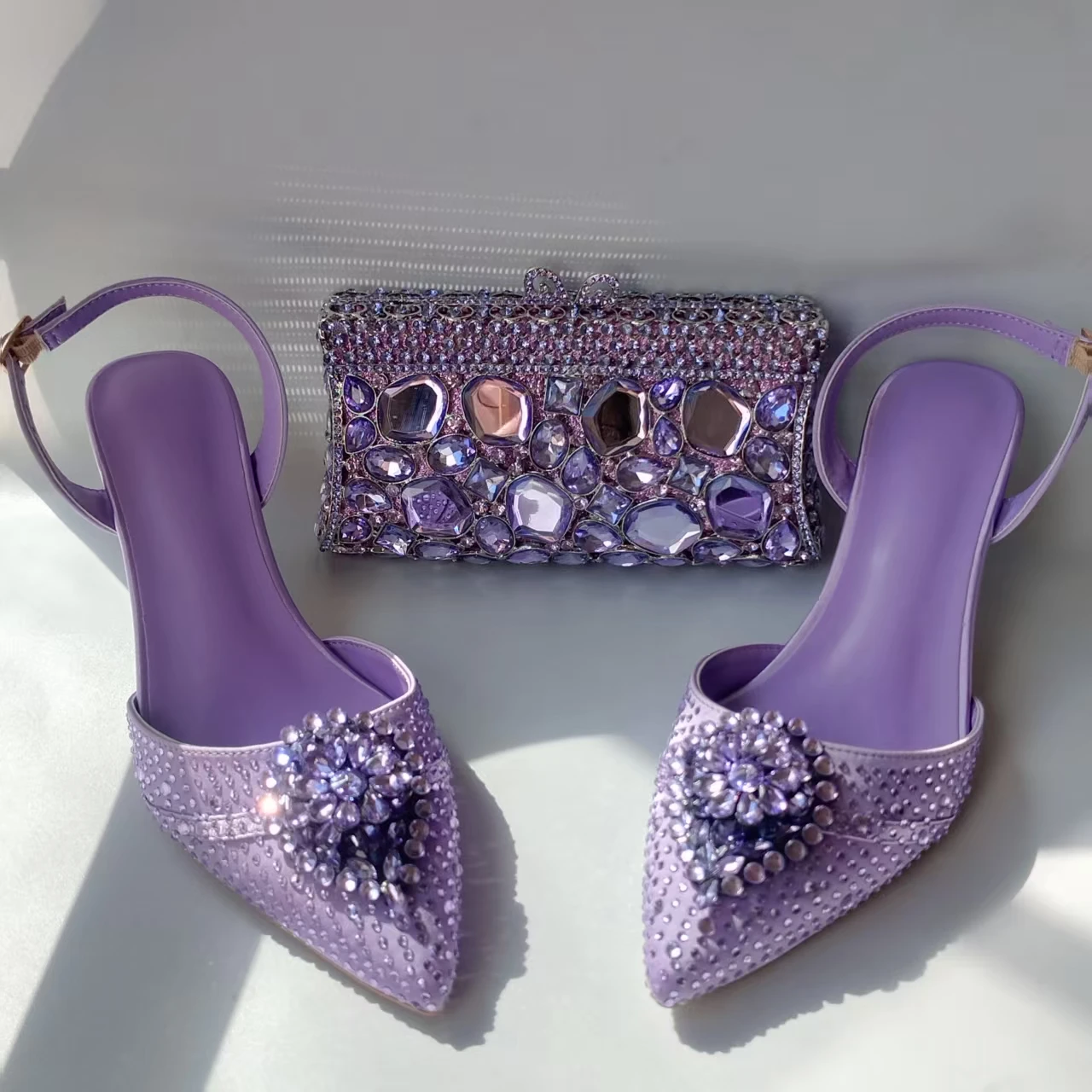 

LNATISNOVA Lady High Heel Shoes and Clutch Bag Set for Lilac Sandals and Purse Set Rhinestones Handbag Design Wedding Handbag