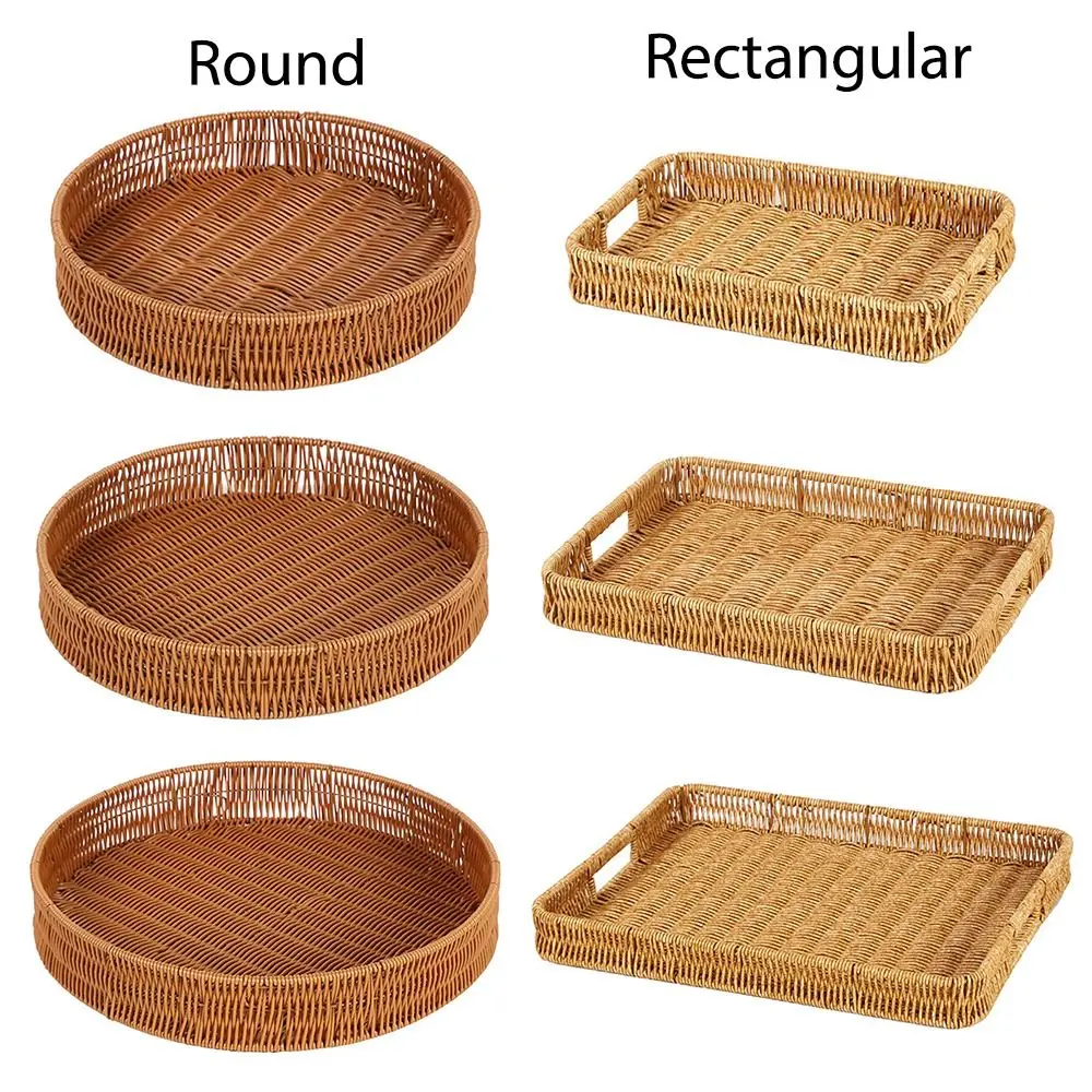 1Pcs Breakfast Bread Food Handwoven Rattan Basket Round Rectangular Shape Fruit Vegetable Cake Wicker Storage Tray Food Plate