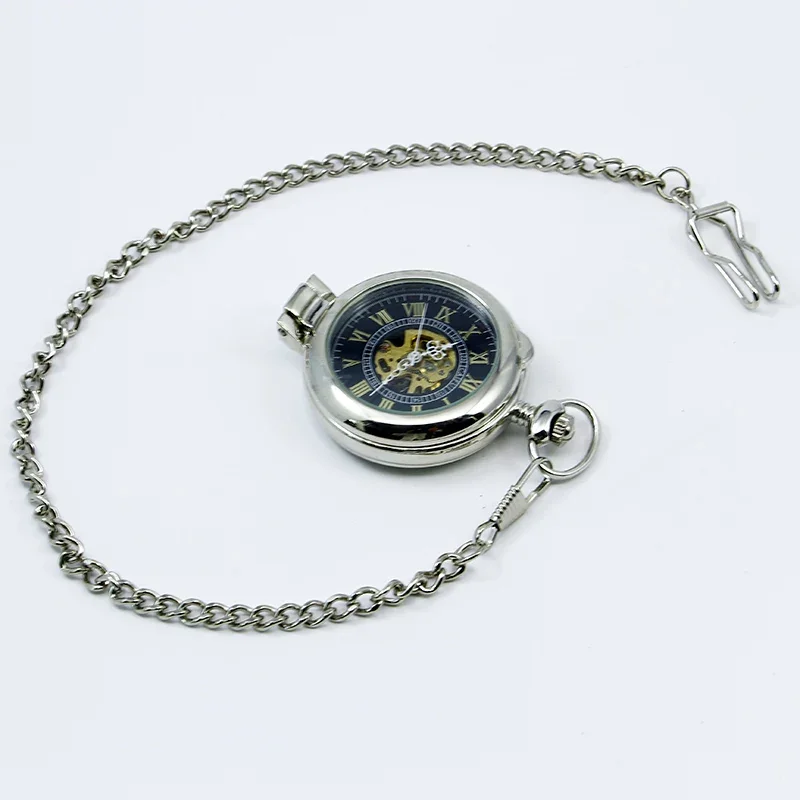 Silver Mechanical Pocket Watch for Men Gifts Fob Chains Skeleton Steampunk Hand-Winding Mechanical Watch PJX1248