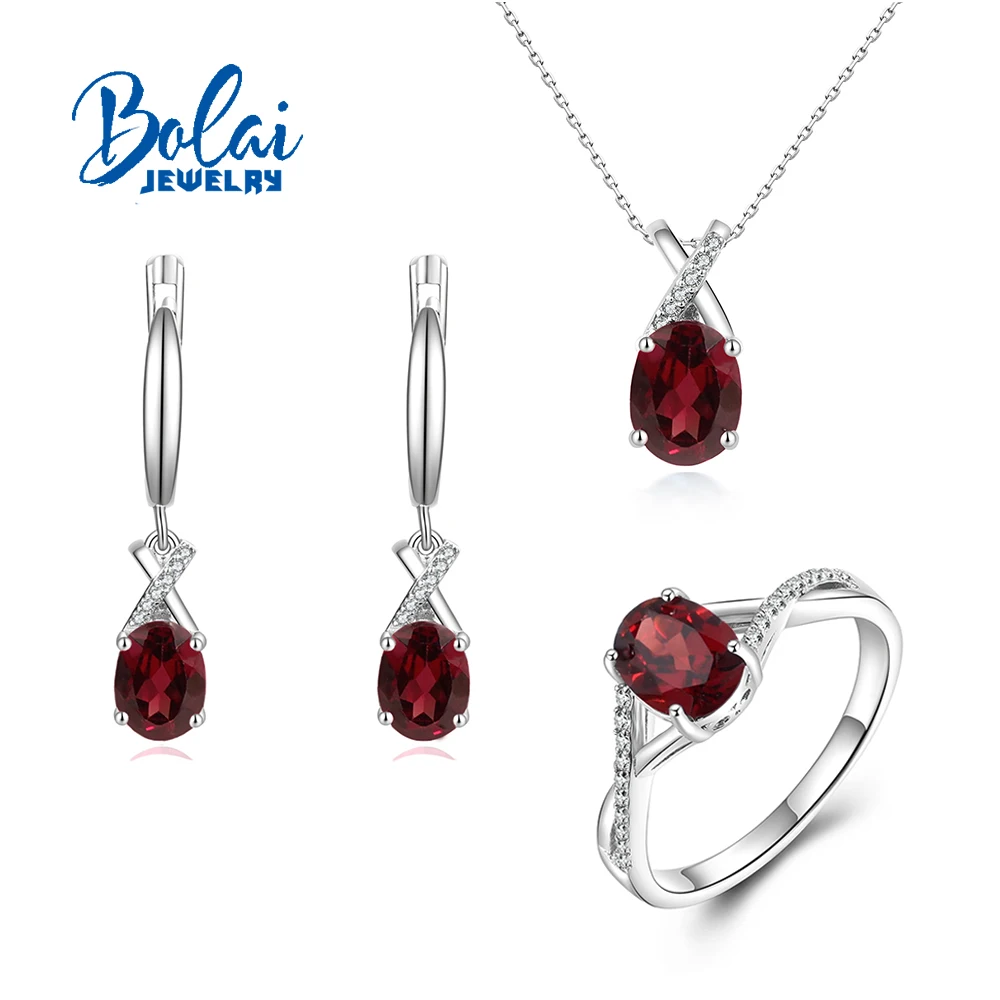 

S925 Silver ring earrings pendant necklace Natural garnet gemstone fine jewelry set for women's anniversary and Engagement gifts