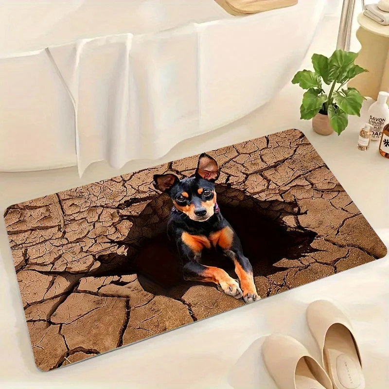 Soft Flannel Area Rug Non-slip Absorbent Floor Mat 3D Cracked Earth Dog Pattern Carpet for Entryway Bathroom Decor