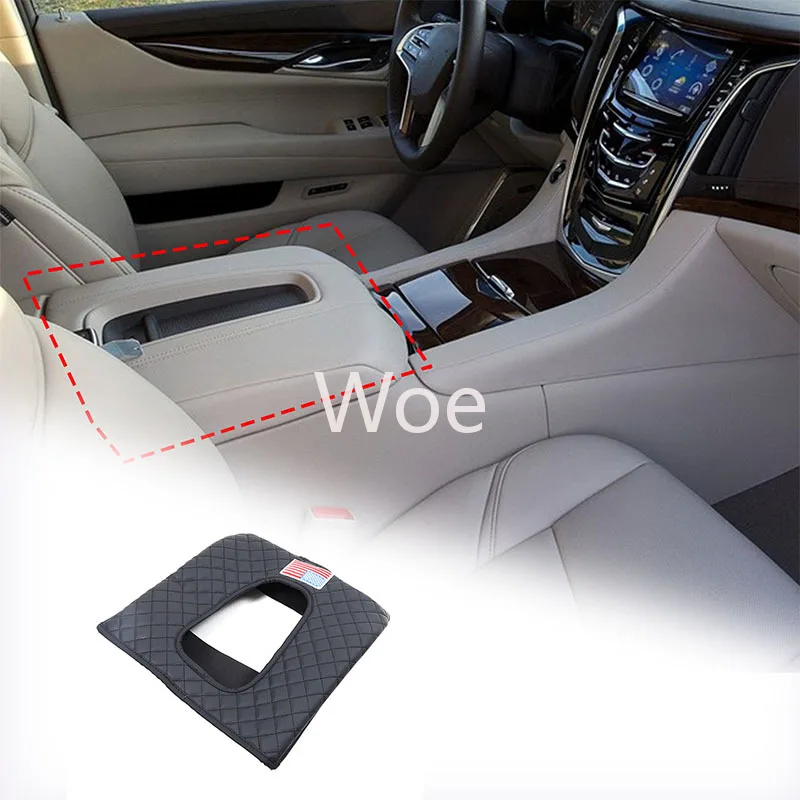 WoeFor 2015-2020 Cadillac Escalade Armrest Box Cover Car Styling Accessories Plaid Leather Black 1-piece Set (American Flag)