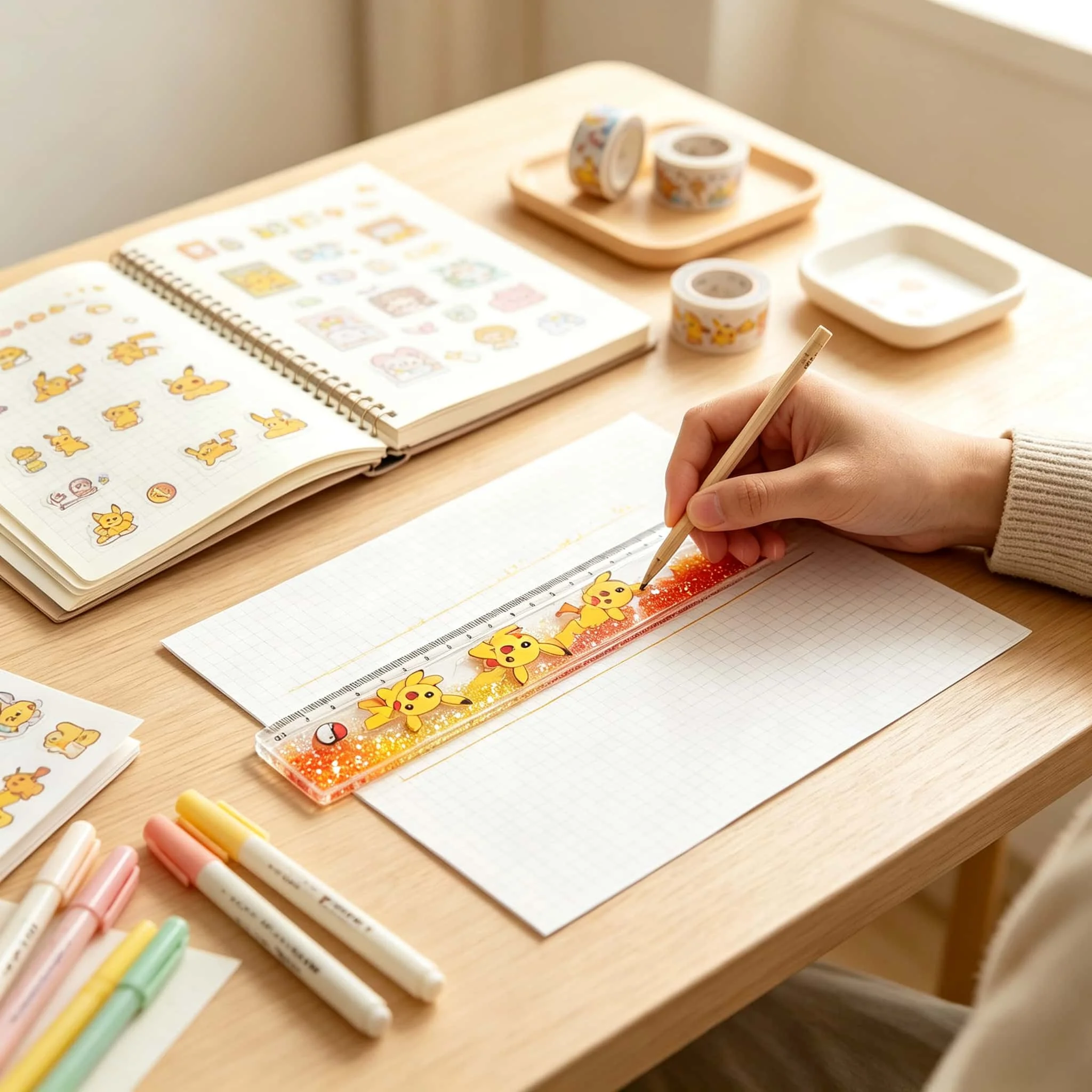 Cartoon anime cute little elf flowing sand ruler, student drawing straight and wavy lines, multi-functional ruler for adding oil