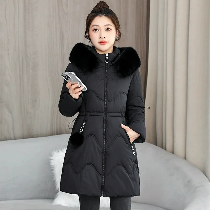 Fashion 2025 New Fur Hooded Down Jackets Women Clothes Cotton Padded Coat Warm Thick Long Parkas Winter Snow Puffer Jacket
