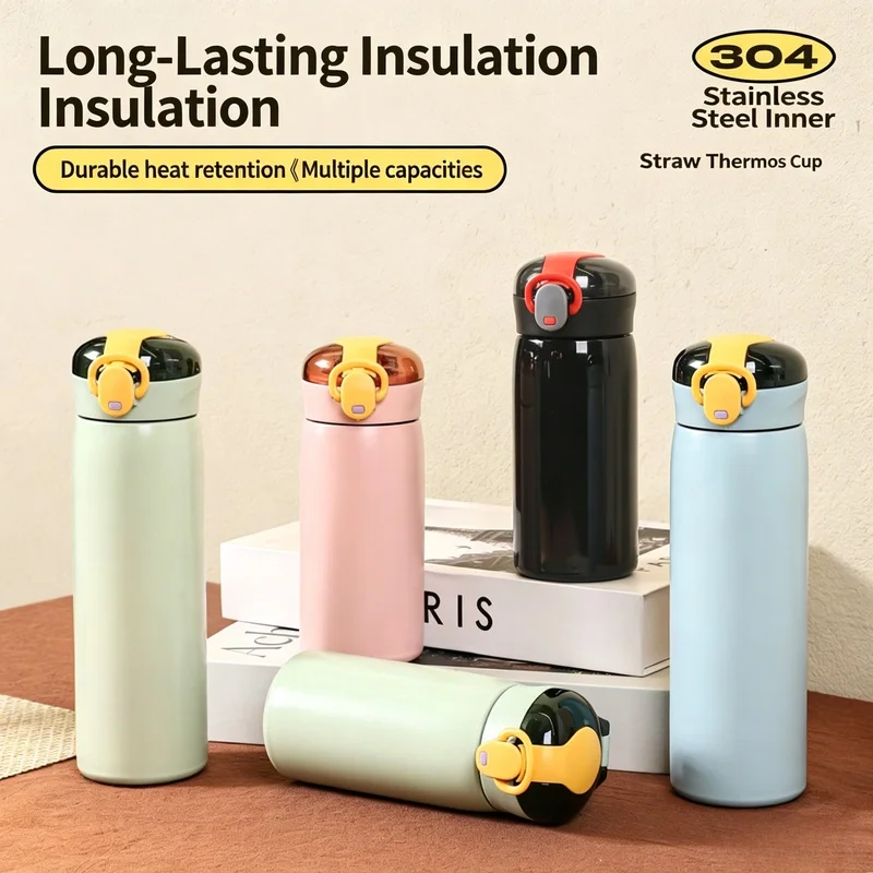 1pc 320/460ML Stainless Steel Thermal Bottle Portable Kids Straw Mug Cold & Hot Thermal Thermos Student Water Bottle view 2