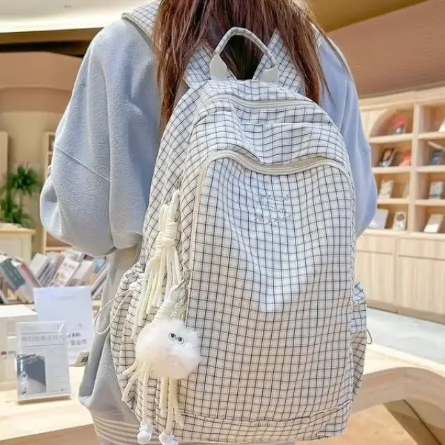 

2025 New Plaid Drawstring Backpack Large Capacity Student Bag Lightweight Nylon Casual Shoulder Backpack For Women Outdoor Daily