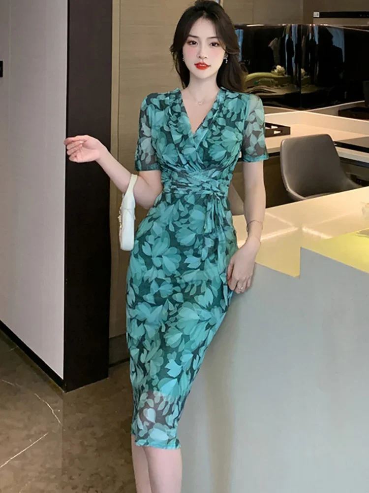 

Women Green Print Mesh Casual Beach Dress Summer Short Sleeve V-Neck Bodycon Dress 2024 Korean Fashion Elegant Luxury Prom Dress