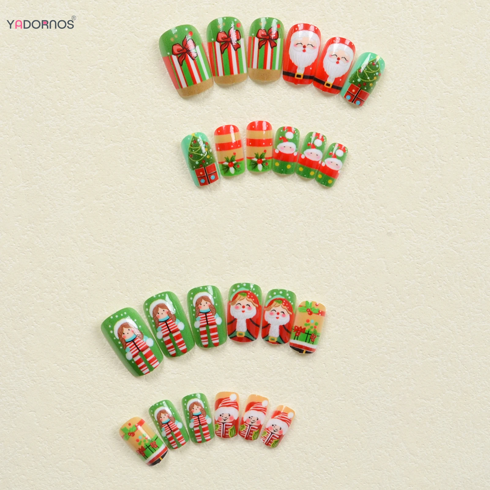 24 قطعة عيد الميلاد الأظافر وهمية أحمر أخضر اللون متوسط طول نعش اضغط على الأظافر الكرتون سانتا كلوز/شجرة عيد الميلاد المطبوعة مسمار الفن