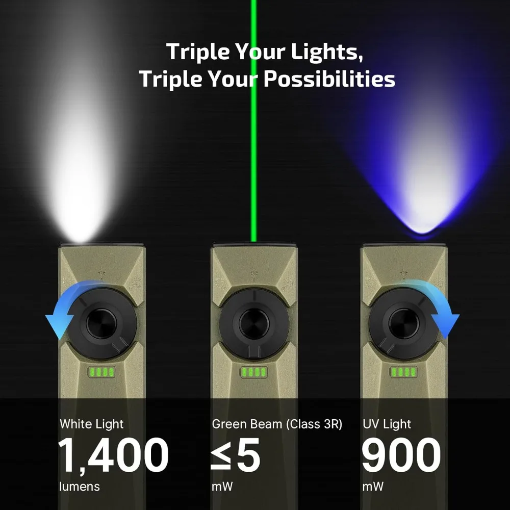 Ultra Bright 1400 Lumens EDC Flat Flashlight Rechargeable Triple Light White LED UV Green Beam-Hot Sale.