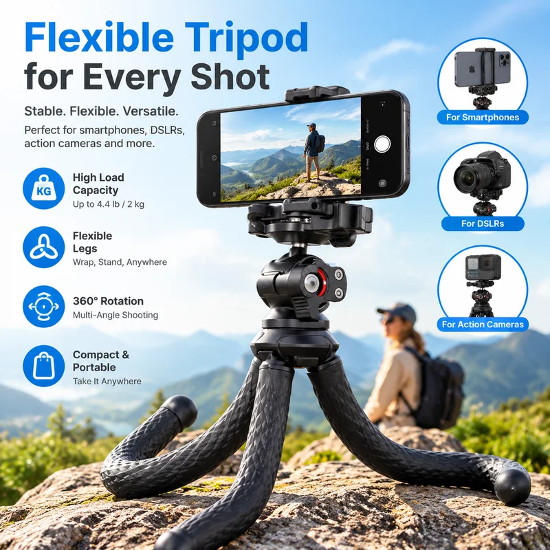 Neewer Flexible Octopus Tripod Stand 1 4 Inch Ball Head 2kg Bearing With Phone Clip For Mobile Phone Action Camera Photography