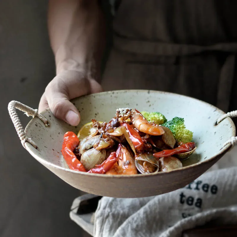 

KINGLANG Handmade household Japanese rough pottery dinner plate dessert plate hemp rope handle