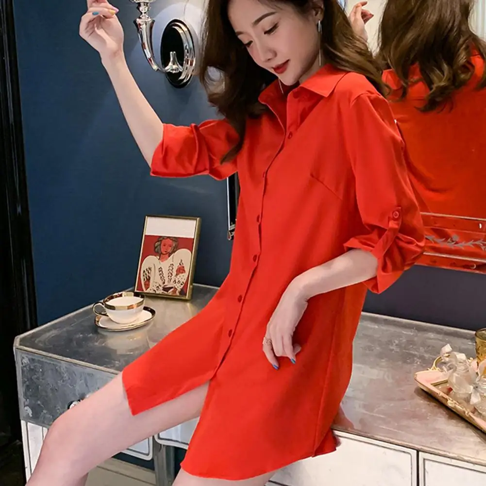 Women Button Up Mini Dress Women\'s Casual Shirt Dress Spring Autumn Mid-length Lapel Long Sleeve Single Breasted Solid Color