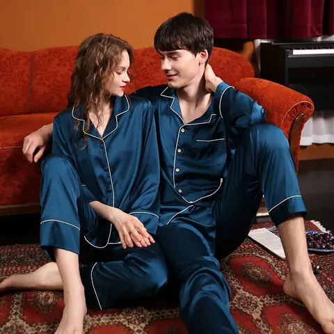 고품질 커플 새 잠옷 정장 여성 얼음 실크 얇은 가을 여름 Loungewear 남성 새틴 솔리드 클래식 잠옷 세트 남여