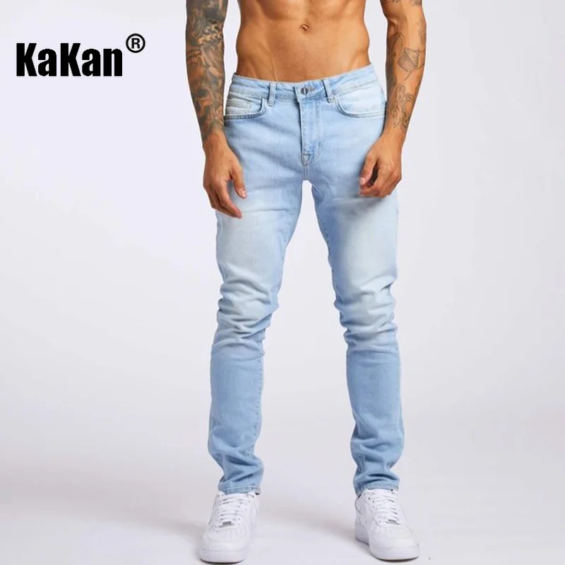 Kakan - European and American New Slim Fit High Waist Men\'s Jeans, Light Blue Black Jeans Popular in Europe and America 16-MGD18