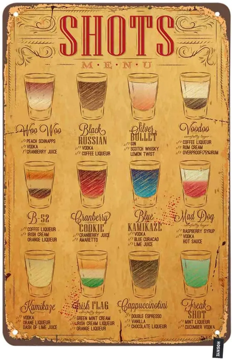 Shots Menu Tin Sign Bottle Drinks Coffee Glass Bar Cocktail Mix Color Striped Sketch Line Vintage Metal Tin Signs for