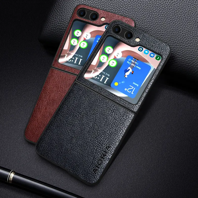 Leather Case For Samsung Galaxy Z Flip 6 5 Business Style Retro Litchi Pattern Back Cover for galaxy z flip6 zflip6 phone Cover