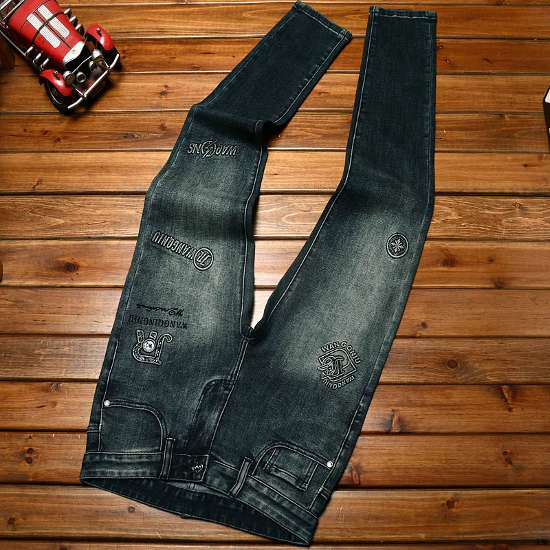 Zwart Grijze Jeans Slim Fit Heren Enkelgebonden Trendy Modeblauw Elastisch Driedimensionaal Bedrukken Betaalbare Luxe Mode All-