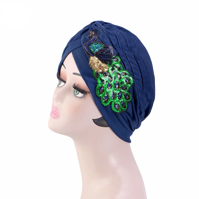 2024 New Muslim Women Knotted Turban Sequin Peacock Bonnet Cancer Chemo Cap Beanies Bonnet Hijab Headscarf Hair Loss Headwear