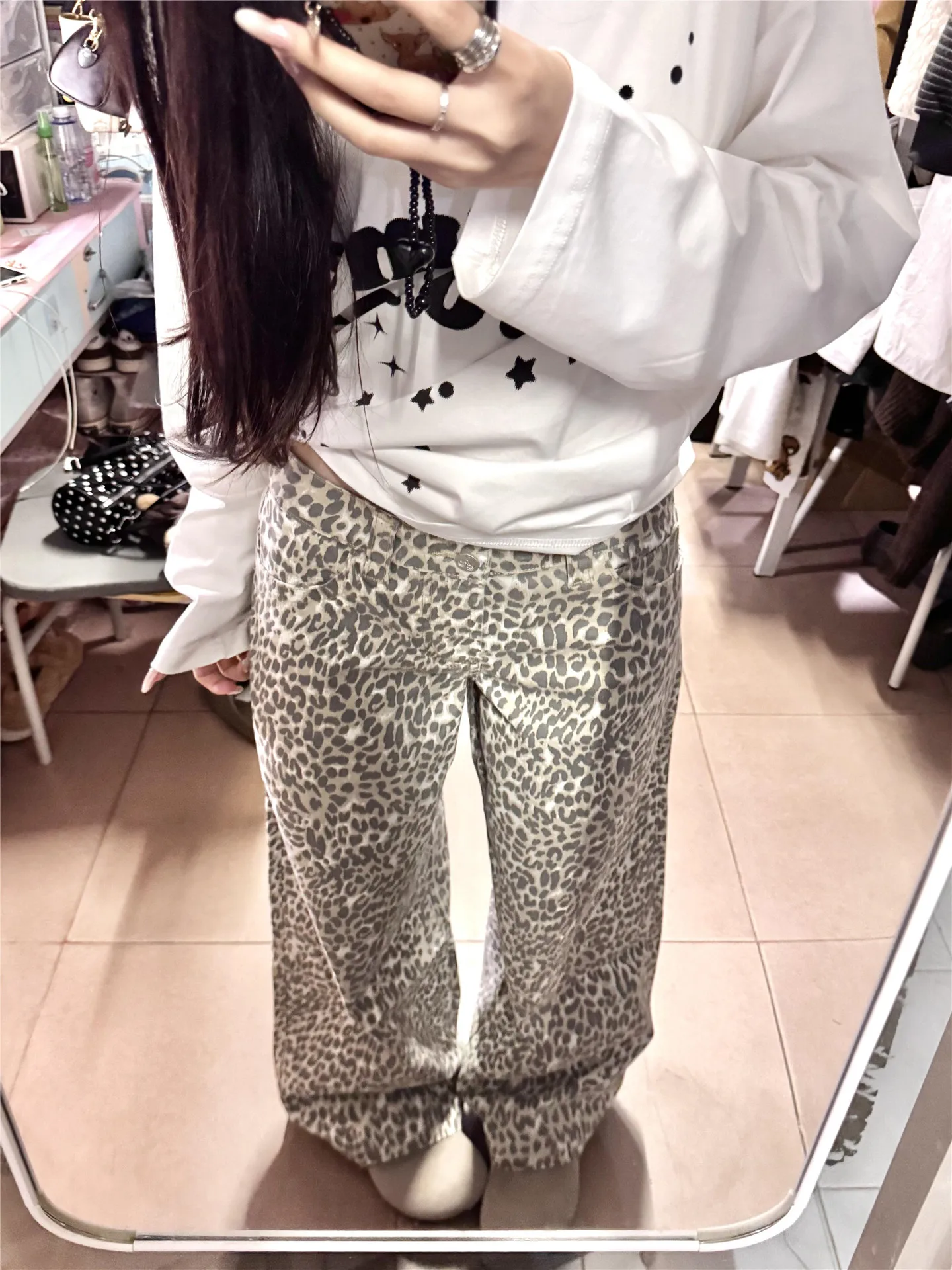 

Американские джинсы с высокой талией и леопардовым принтом, свободные, широкие штанины, удлиненные, для высоких женщин, из хлопка, повседневные, весенние, деним