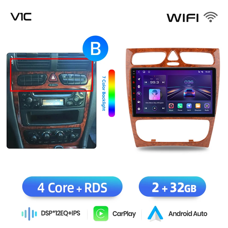 Junsun draadloze CarPlay Android Auto autoradio voor Mercedes-Benz C-Klasse (W203) / CLK-Klasse (C209/A209) 2000-2009 met ingebouwde koelventilator, Android GPS navigatie, multimediaspeler, WiFi, DSP,