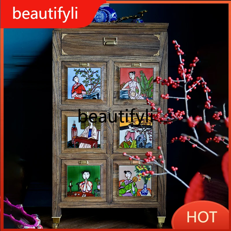 

Elm tonality retro living room bedroom whole grid storage furniture entrance side cabinet D80