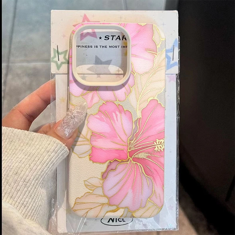 

Pink Flower Gold White Faux Leather Phone Case For iPhone 17 Pro Max XS X XR 16 13 11 12 14 15 7 8 Plus Shockproof Bumper Cover