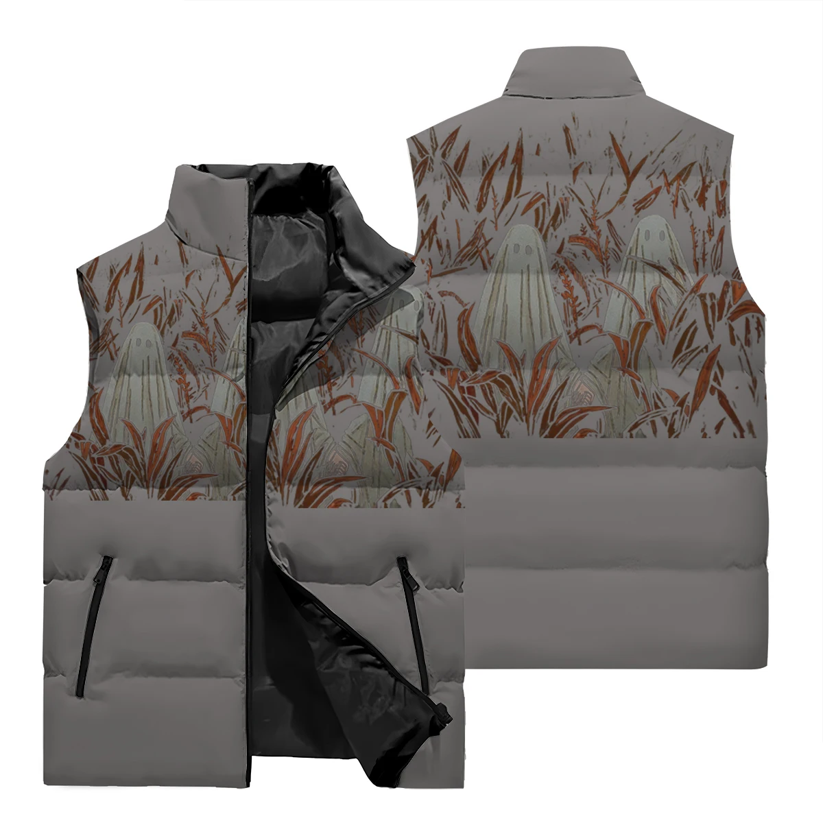 Chaqueta de plumón 3D para hombre, abrigo de invierno sin mangas, chaleco de plumas, patrón de ajuste cómodo, estilo de Halloween