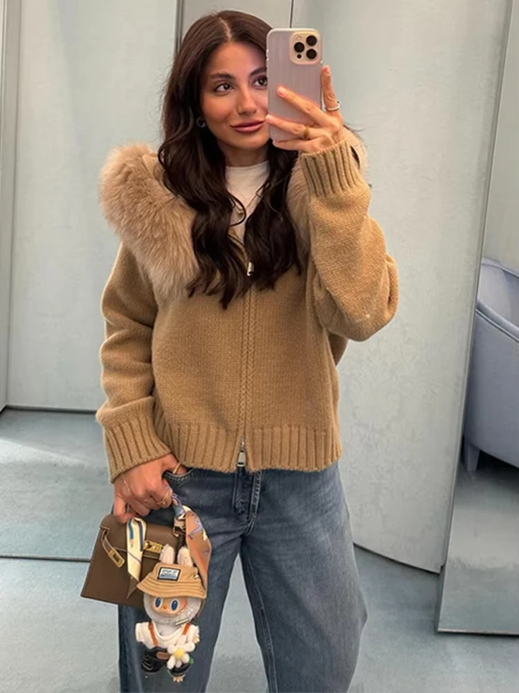 

Solid Fur Collar Hooded Short Coat Women Knitted Zipper Long Sleeve Pockets Cardigan Autumn Lady Casual Street Outerwears