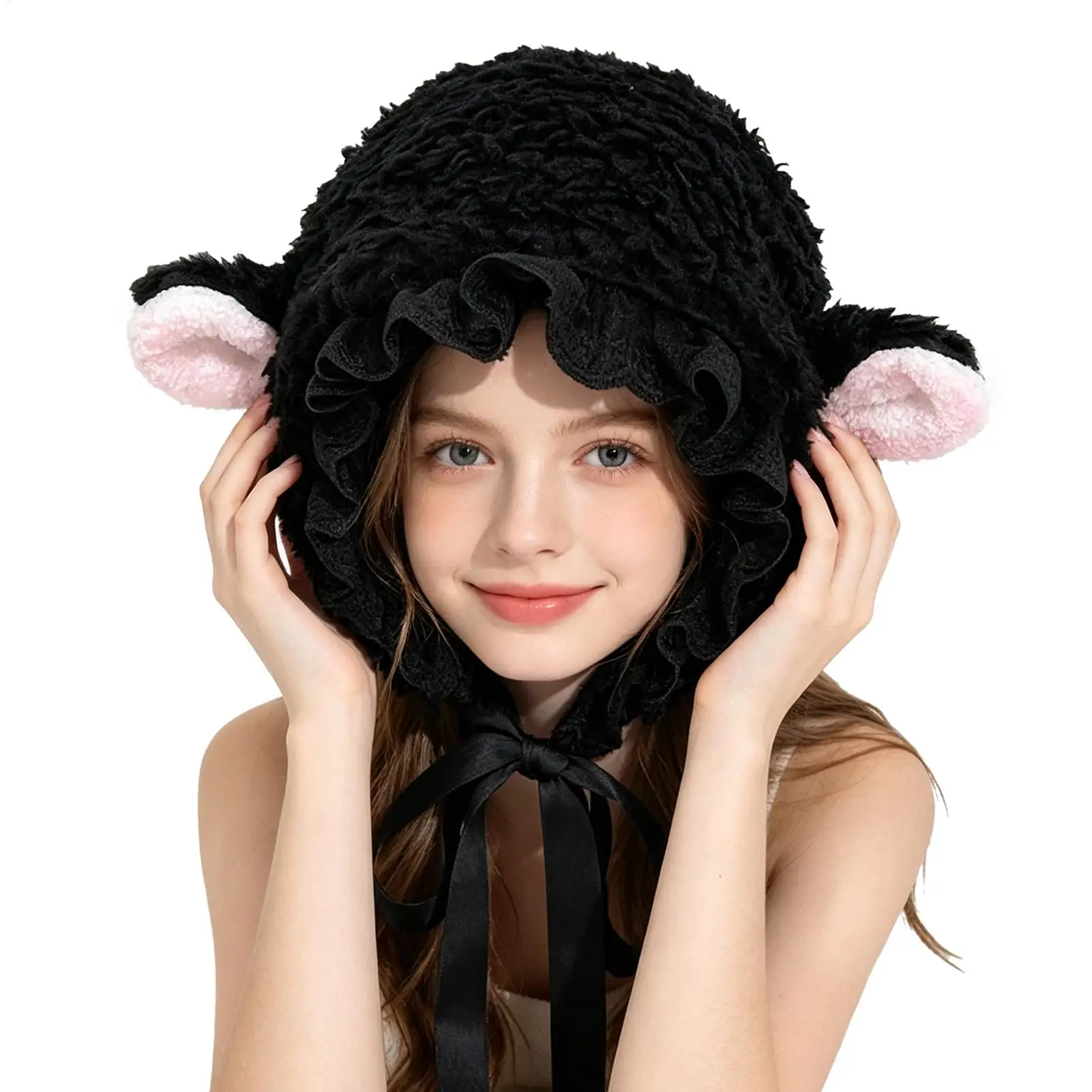 Winter hat for women beanies Cute Warm Costume Headband with Adjustable Chin Ties Sheep Hat Lamb Costume for Party Halloween
