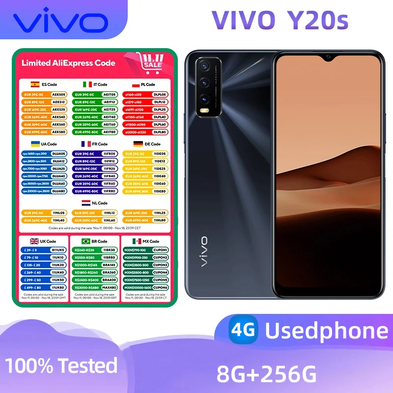 VIVO Y20S 4G Смартфон Процессор Snapdragon 460 6,51 дюйма 5000 мАч 13 МП Камеры Android Б/у Телефон