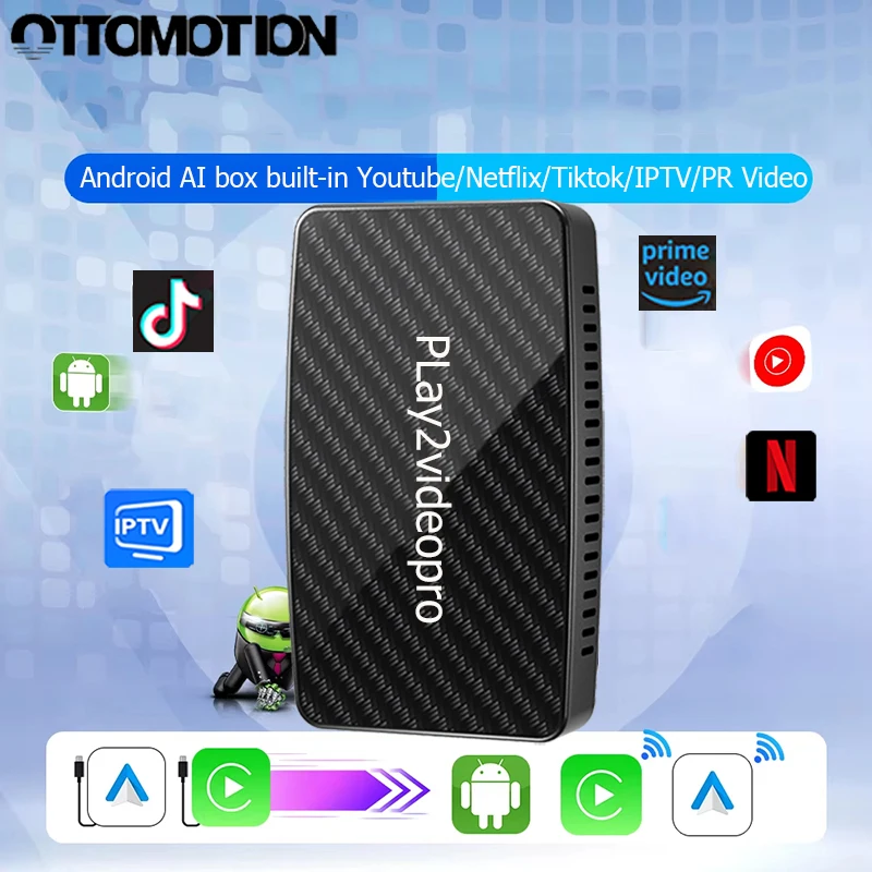 

OTTOMOTION Android Ai Box Wireless CarPlay Adapter Android Auto Built in Youtube Netflix Tiktok IPTV for Car with Wired Carplay