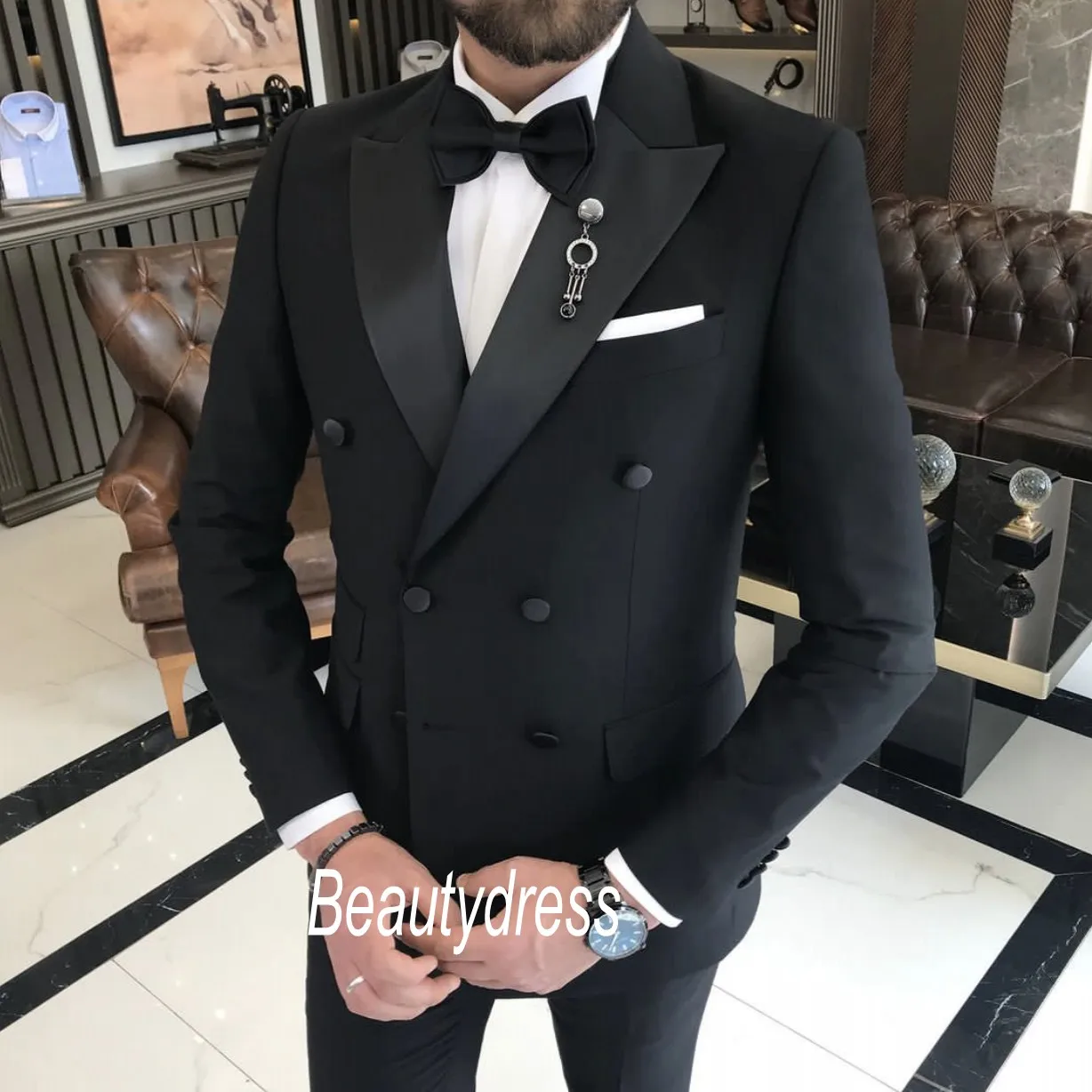 

Black Wedding Tuxedos Groom Wear Men's Suits Satin Collars Slim Fit Prom Best-Man Attire Groomsmen Blazers